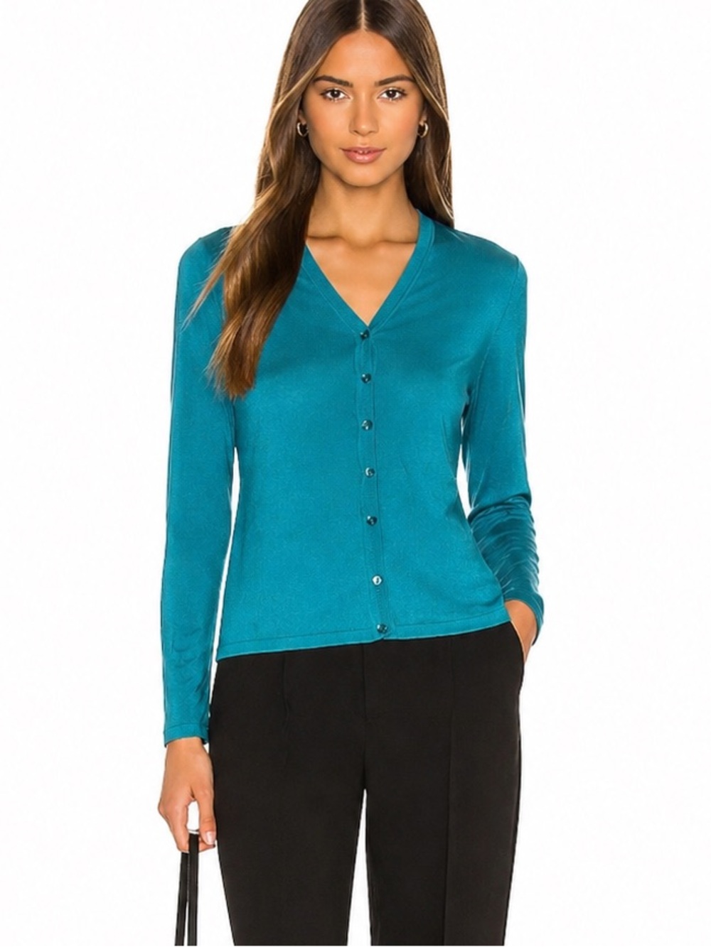 Muccardi Silk sweater Teal Cardigan Size 8 Button Front Lightweight Luxury Layer